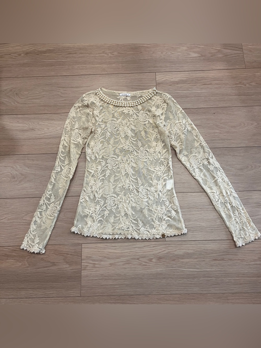 Lily Belle Ivory Floral Lace Pearl Neckline Sheer Coquette Top Size M